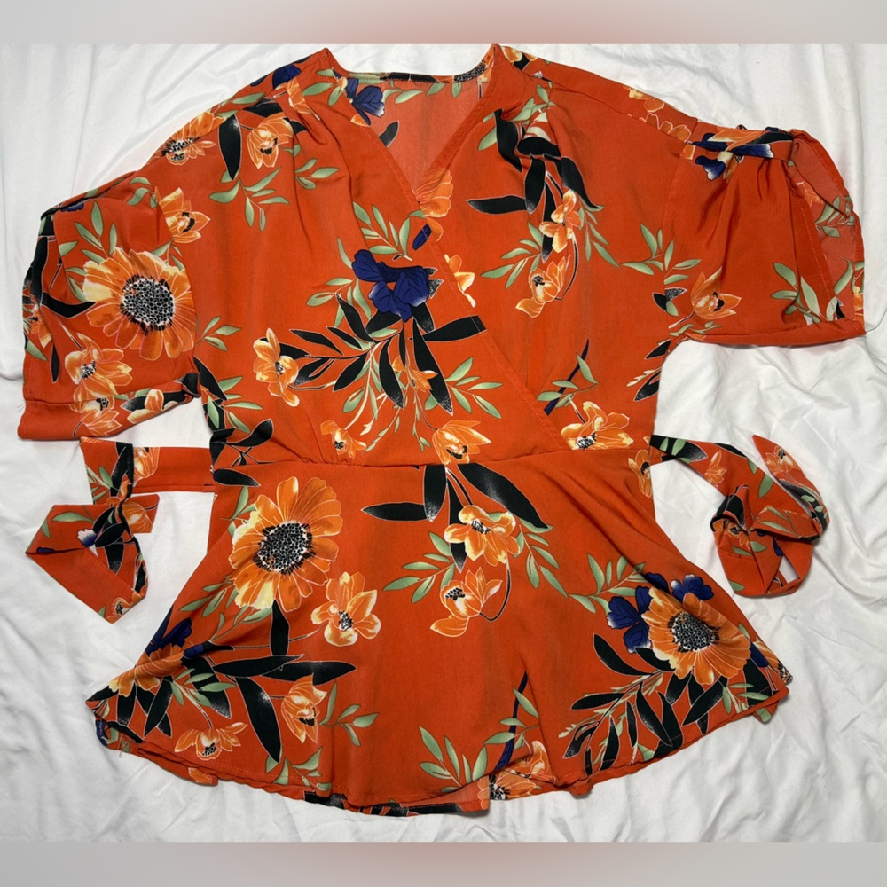 RD+KoKo Rust Orange Floral Wrap Blouse